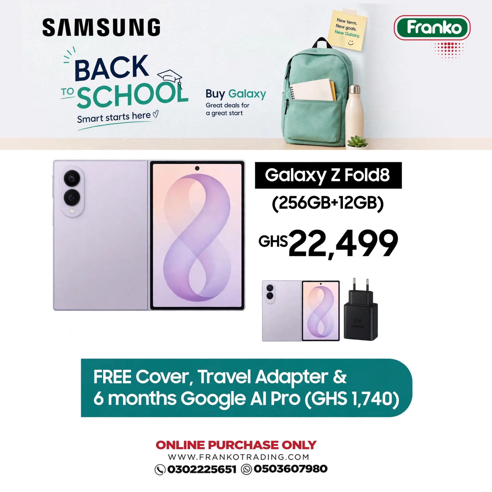 Samsung Fold 8 (256GB + 12GB) - Phone Cover, Travel Adapter Plus 6 Months Google Ai Pro Valued at GHc1,740